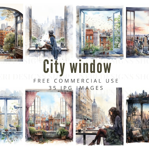 City view window Watercolor Clipart Bundle, Urban window scene Free Commercial, Cityscape view illustration, Metropolitan window graphic