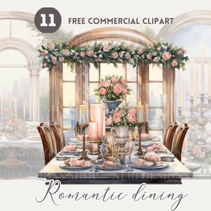 Pacote de clipart em aquarela de jantar romântico, configuração de mesa de jantar elegante PNG comercial grátis, ilustração de sala de jantar de luxo gráfico de banquete