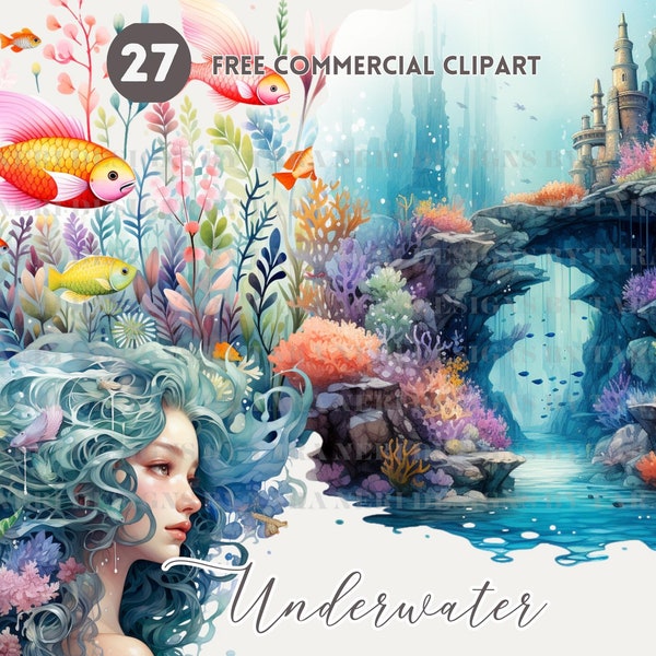 Coral Reef Watercolor PNG Clipart Bundle, Fish Free Commercial Illustration, Underwater ocean scene graphic, Submerge Landscape