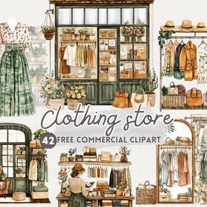 Clothing store watercolor clipart, fashion boutique free commercial PNG, retail Apparel Shop front, clothing rack, fitting room journal art