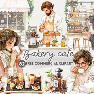 Clipart de aquarela de café de padaria, Mulher e café comercial grátis, cafeteira, barista, balcão de café, fachada de cafeteria, homem bebe café
