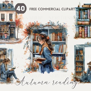 Herbst Mädchen lesen Aquarell Clipart Urig schöne Buchhandlung Kostenlose kommerzielle PNG Leseecke, Bücherregal Illustration, Junge liest Buchliebhaber Kunst