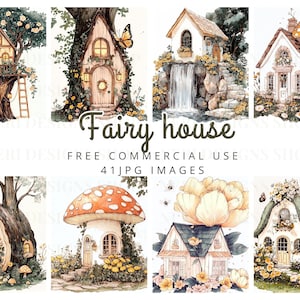 Clipart aquarelle de maison de fée, JPG commercial gratuit de cabane dans les arbres, coffre, sticker champignon pour journal, graphique de maison forêt magique