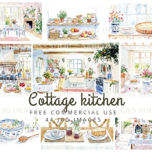 Może przedstawiać: Akwarelowe ilustracje kuchni w stylu wiejskim, przedstawiające różne sceny ze stołami, półkami i naczyniami kuchennymi. Obrazy ukazują przytulną, zachęcającą atmosferę z kompozycjami kwiatowymi i tekstem "Cottage kitchen".