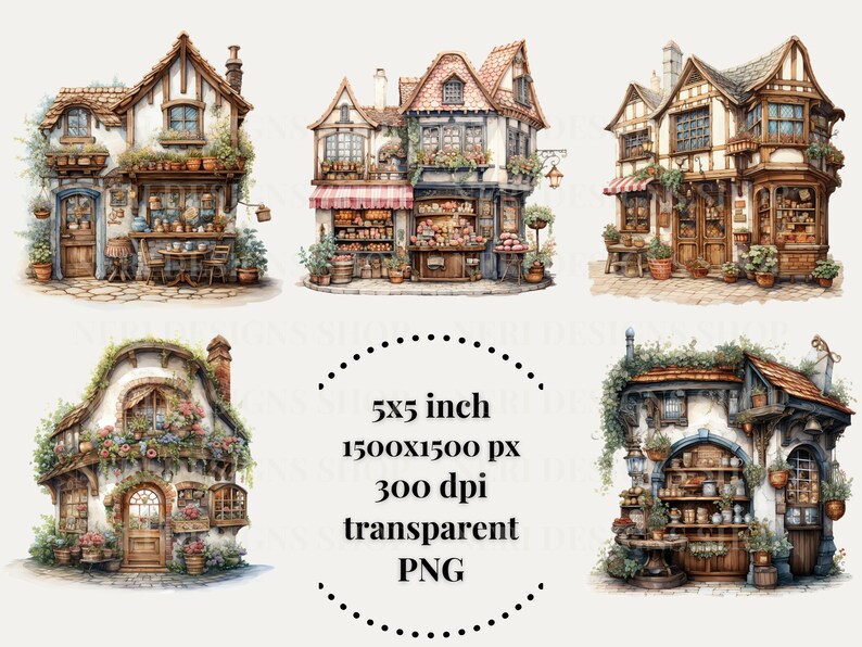 May include: Five watercolor illustrations of charming, whimsical shops with intricate details. Each shop features a unique facade, overflowing with flowers and greenery, and a variety of goods displayed in the windows. The shops are set against a white background.