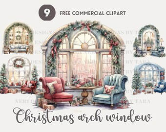 Festive Christmas Armchair by Arch Window Watercolor Clipart Bundle, Holiday Season Free Commercial PNG, Christmas decoration Illustration