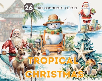 Tropical Christmas Watercolor Clipart Bundle, Beach Snowman Free Commercial PNG, Summer Santa, Sunny Festive, Seashell Christmas Tree