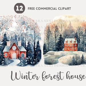 Cozy winter house Watercolor Clipart Bundle, Christmas Scenery Free Commercial PNG, Winter wonderland Illustration