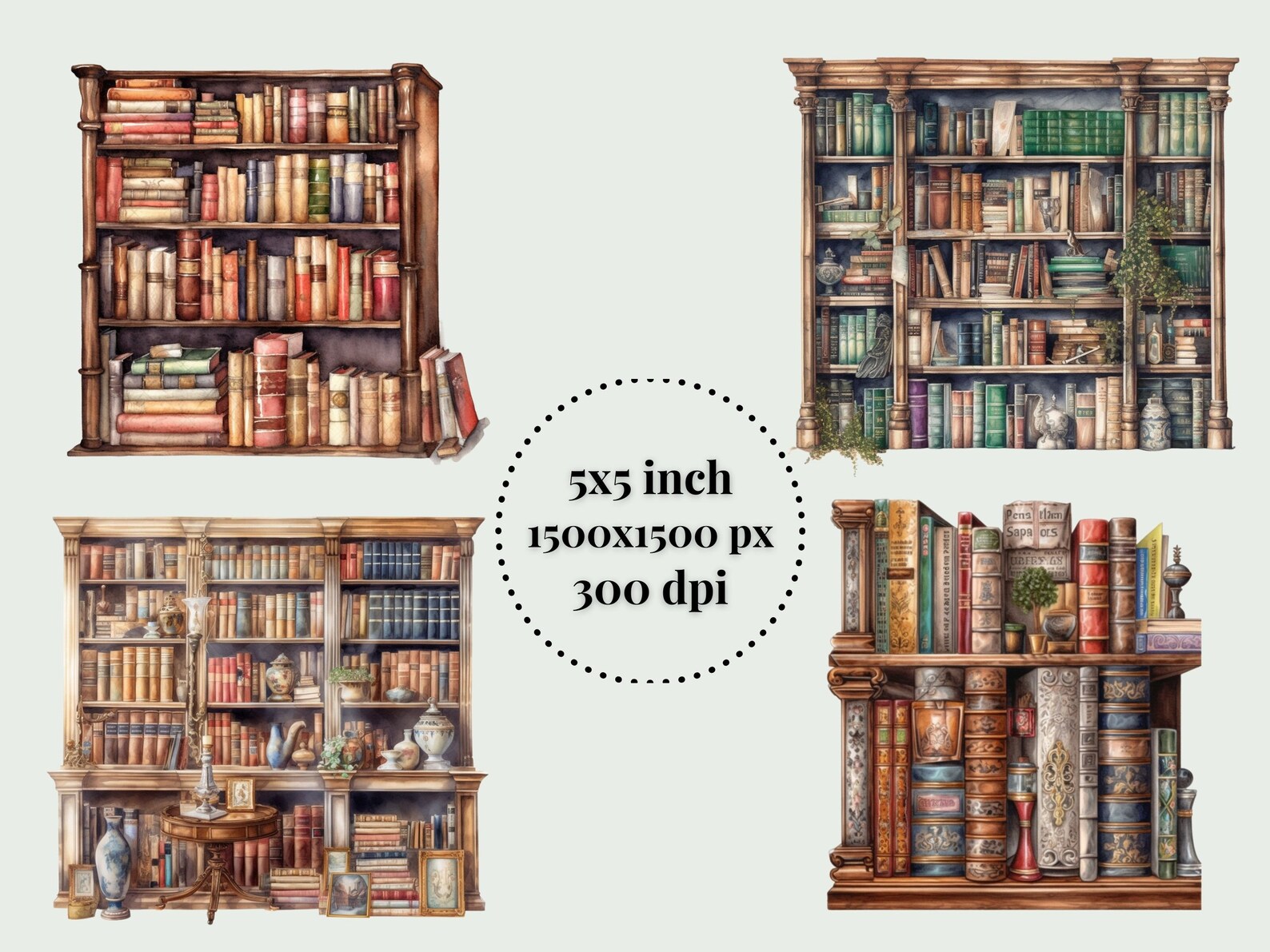 Vintage Bookcase Watercolor Clipart Bundle Bookshelf Free - Etsy