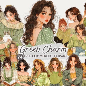 Ragazza in abito verde acquerello clipart, Green Art PNG commerciale gratuito, adesivo femminile per diario, donna saggia, estetica della moda verde