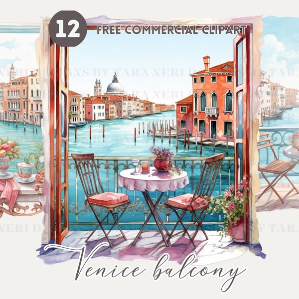 Venice balcony watercolor clipart bundle Italian romance free commercial png illustration Canal-side Dining romantic scene Venetian canal