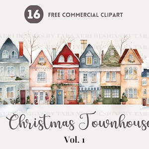 Christmas townhouse Watercolor Clipart Bundle, Winter townhome Free Commercial PNG, Festive Neighborhood Illustration, Holiday Home