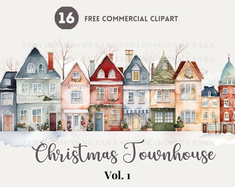 Christmas townhouse Watercolor Clipart Bundle, Winter townhome Free Commercial PNG, Festive Neighborhood Illustration, Holiday Home