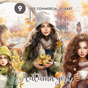Fall girl watercolor clipart bundle, Autumn girl with tea cup free commercial PNG, Autumn lady reading by window illustration