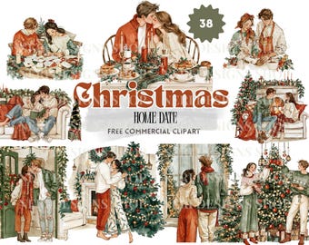 Christmas Couple Watercolor Clipart Bundle, Romantic Cozy Christmas Home Date, Holiday Love Illustration