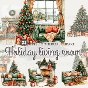 Puede incluir: Un conjunto de 21 imágenes de clipart digital que representan una acogedora escena de sala de estar navideña. Las imágenes incluyen una chimenea, un sofá, un árbol de Navidad y varias decoraciones navideñas. Las imágenes son perfectas para crear tarjetas navideñas, invitaciones y otros proyectos festivos.