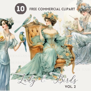 Vintage lady with bird watercolor clipart bundle, Victorian lady Free commercial PNG set, Classic bird lady, Old fashion woman with parrot