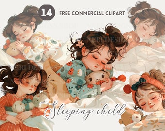 Sleeping cute child watercolor clipart, sleepy girl and stuff toy free commercial PNG, cozy nap, kid bedtime, dreamy nursery graphic slumber