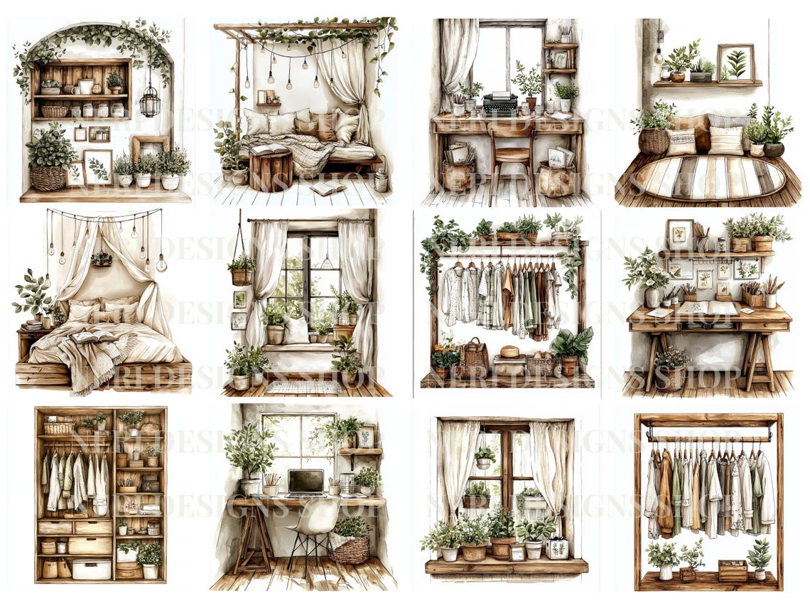 Contemporary Girl Room Watercolor Clipart, Interior Lifestyle Free ...