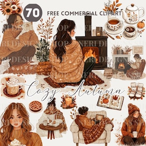 Clipart de aquarela aconchegante de outono, PNG comercial gratuito de momento de outono para planejador, Outono aconchegante, Adesivo digital de outono para garotas e animais de estimação, Arte de outono