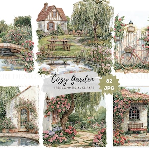 Puede incluir: Ilustraciones en acuarela de una escena de jardín acogedora. Las imágenes presentan un estanque, un puente, una cabaña, una mesa de picnic y una bicicleta con una cesta. La exuberante vegetación y las flores en flor rodean las estructuras. El texto "Cozy Garden" y "Free Commercial Clipart" son visibles.