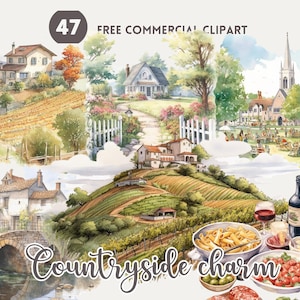 European Countryside watercolor clipart bundle, Cottagecore English village house square Free commercial PNG, Tuscany scenery, house, field