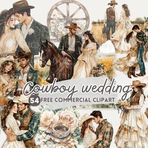 Cowboy bruiloft aquarel clipart, cowboy romantiek gratis commerciële png, westerse bruiloft, romantische liefde, bruid en bruidegom te paard sticker