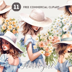 Girl hold flower bouquet watercolor clipart bundle, Floral woman Free commercial set, Back view girl with hat holding flowers Illustration