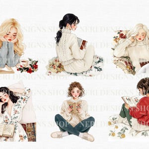 May include: Watercolor illustrations of women reading books. The women are depicted in various settings, including on a bed, sitting on the floor, and leaning on a pillow. Each woman is wearing cozy clothing, such as sweaters and robes. The illustrations have a soft, warm color palette.