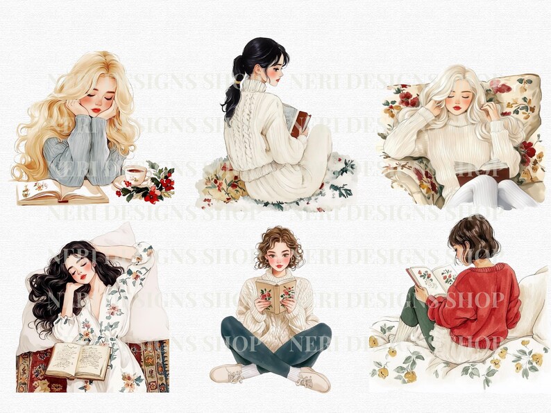 May include: Watercolor illustrations of women reading books. The women are depicted in various settings, including on a bed, sitting on the floor, and leaning on a pillow. Each woman is wearing cozy clothing, such as sweaters and robes. The illustrations have a soft, warm color palette.
