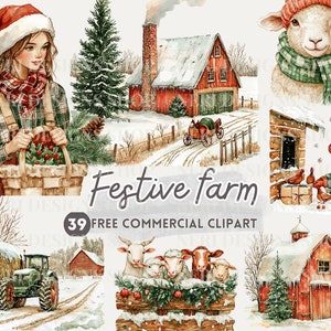 Clipart aquarelle de ferme de Noël, PNG commercial gratuit, grange festive, animal de la ferme de vacances, scène rustique d'hiver, fermière, Art de la ferme de Noël
