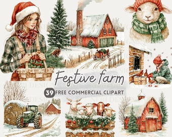 May include: A festive winter farm scene with a red barn, a woman carrying a basket of holly, a sheep wearing a green scarf, a child feeding chickens, and a tractor pulling a bale of hay. The text "Festive Farm 39 FREE COMMERCIAL CLIPART" is included in the image.