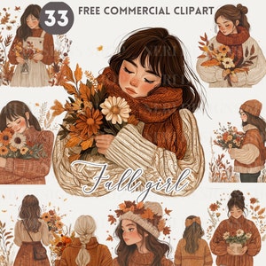 Gezellige herfst meisje en bloem aquarel clipart, achteraanzicht herfst vrouw gratis commerciële png, vrouwelijke illustratie, bloemenhouder voor planner