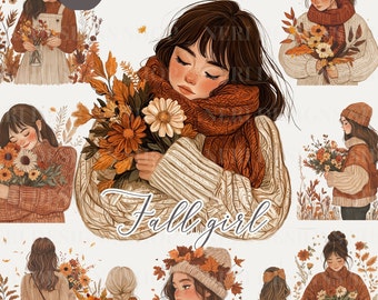 Cozy Fall girl and flower watercolor clipart,  backview autumn woman free commercial PNG, feminine Illustration, Flower Holding for planner