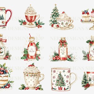 K&ouml;nnte beinhalten: Ein Set aus zehn Aquarell-Illustrationen mit weihnachtlichen Motiven. Die Illustrationen zeigen Tassen, Flaschen, Cupcakes und einen Kuchen, die alle mit festlichen Elementen wie Schneeflocken, Weihnachtsb&auml;umen und Stechpalmen verziert sind.