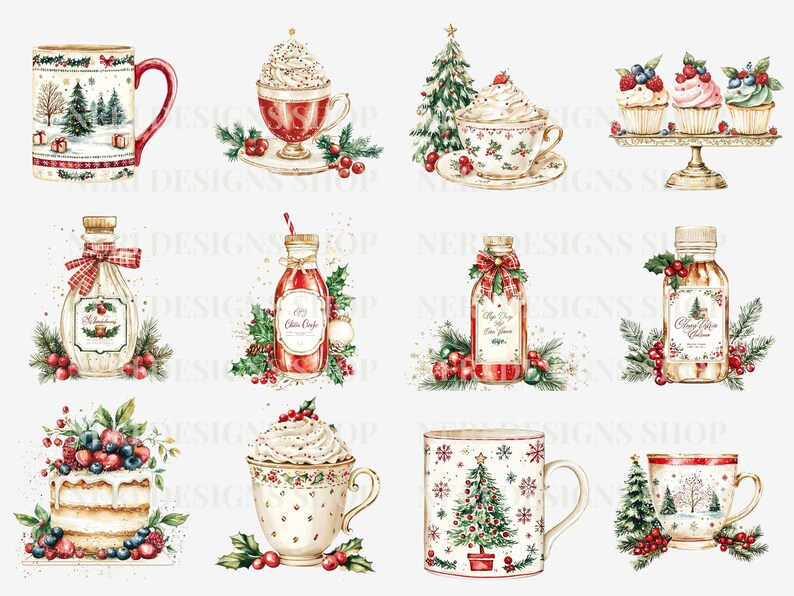 K&ouml;nnte beinhalten: Ein Set aus zehn Aquarell-Illustrationen mit weihnachtlichen Motiven. Die Illustrationen zeigen Tassen, Flaschen, Cupcakes und einen Kuchen, die alle mit festlichen Elementen wie Schneeflocken, Weihnachtsb&auml;umen und Stechpalmen verziert sind.