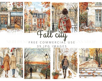 May include: Watercolor illustrations of city scenes in autumn. The images feature buildings, people, and bicycles, with fall foliage and the text "Fall city". The images are in warm colors, evoking a cozy, seasonal atmosphere. The text also includes "FREE COMMERCIAL USE" and "39 JPG IMAGES".