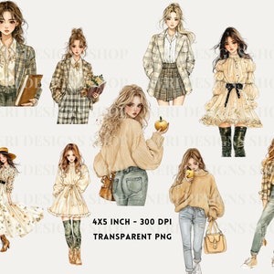 Puede incluir: Conjunto de clipart digital de nueve ilustraciones de mujeres con diferentes atuendos. Las mujeres llevan chaquetas de cuadros, su&eacute;teres, vestidos y jeans. Algunas de las mujeres sostienen libros, manzanas y tel&eacute;fonos. Las ilustraciones son de estilo de dibujos animados y tienen un aspecto suave, como de acuarela. 4x5 pulgadas - 300 DPI PNG transparente.