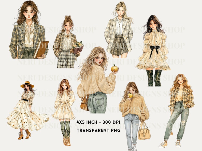 Puede incluir: Conjunto de clipart digital de nueve ilustraciones de mujeres con diferentes atuendos. Las mujeres llevan chaquetas de cuadros, su&eacute;teres, vestidos y jeans. Algunas de las mujeres sostienen libros, manzanas y tel&eacute;fonos. Las ilustraciones son de estilo de dibujos animados y tienen un aspecto suave, como de acuarela. 4x5 pulgadas - 300 DPI PNG transparente.