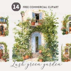 Pacchetto di clipart ad acquerello con scena di giardino verde lussureggiante, set di png commerciali gratuiti per porta del giardino italiano, illustrazione di casa e giardino mediterraneo