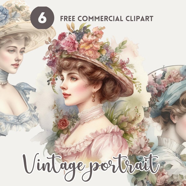 Vintage lady portrait with floral frame watercolor clipart bundle, Retro lady Free commercial set, vintage aesthetics Illustration