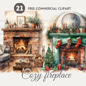 Cozy Holiday Fireplace watercolor clipart bundle Modern home fireplace free commercial PNG, Armchair by fireplace in rustic cottage, mansion