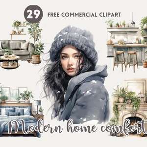 Scandinavian Home interior watercolor clipart bundle, Contemporary Nordic home Free commercial PNG set, Modern living Illustration