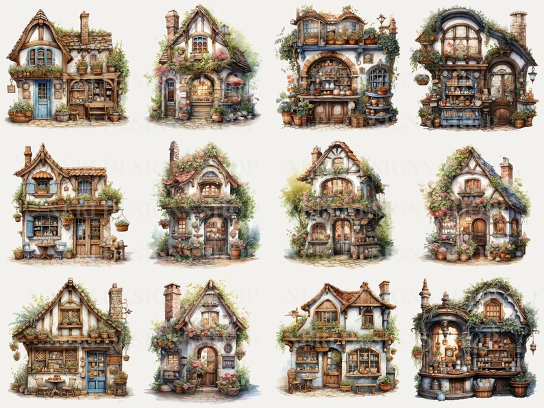 May include: Twelve watercolor illustrations of charming, whimsical, cottage-style shops with lush greenery, flowers, and unique architectural details. Each shop has a different design and features a variety of items for sale.