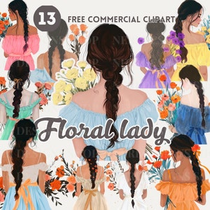 Floral lady aquarelle clipart, femme Backview avec fleur PNG commercial gratuit pour journal, autocollant numérique pour agenda, Art féminin