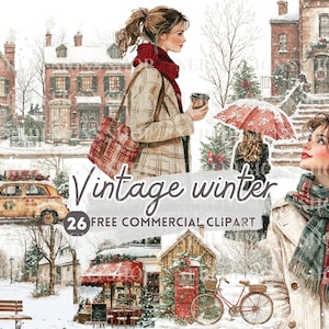 May include: A vintage winter-themed digital clipart image featuring illustrations of snowy scenes, buildings, and figures. The image includes the text "Vintage winter" and "26 FREE COMMERCIAL CLIPART". The color palette includes reds, browns, and whites.