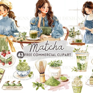 Matcha aquarel clipart, thee, eten en meisje genieten van Matcha gratis commerciële png, matcha latte, ijs, matcha bamboe garde en theeblad
