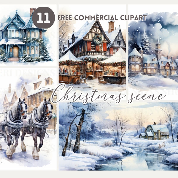 Escena de invierno Paquete de imágenes prediseñadas de acuarela, Comercial gratuito de la casa de Navidad, Ilustración de tienda nevada, lago de invierno, gráfico de carruaje de caballos