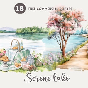 Serene Lake aquarel clipart bundel, Lakeside landschap gratis commerciële PNG, Lakeside picknick, waterlelie, Lake House, weg, hangmat aan het meer
