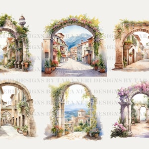 以下が含まれることがあります： 絵の具で描かれた、イタリアの街並みを思わせるアーチ型の入り口が6つ。それぞれの入り口は緑豊かな植物と花で飾られており、ロマンチックで魅力的な雰囲気を醸し出しています。